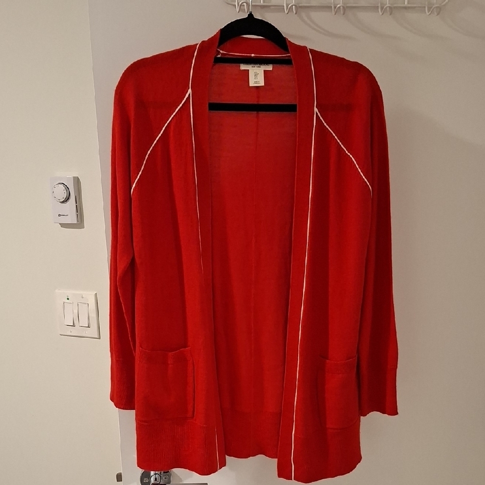 Christian Siriano Red & White Open-front Long-line Merino Wool Cardigan (Size S)